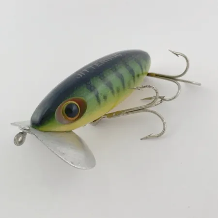Fred Arbogast Jitterbug Early Bug Eye, Green Tiger, 14g, Surface Crawler #23902