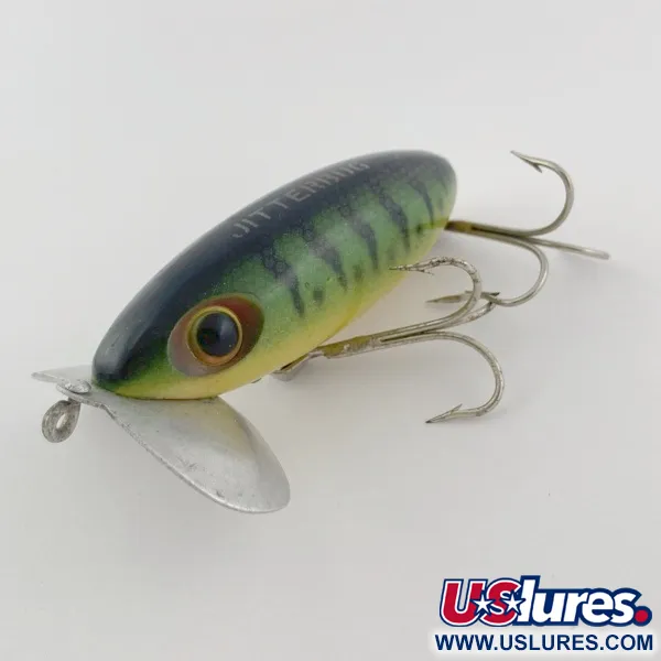Fred Arbogast Jitterbug Early Bug Eye, Green Tiger, 14g, Surface Crawler #23902