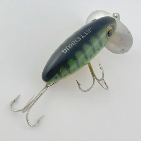 Fred Arbogast Jitterbug Early Bug Eye, Green Tiger, 14g, Surface Crawler #23902