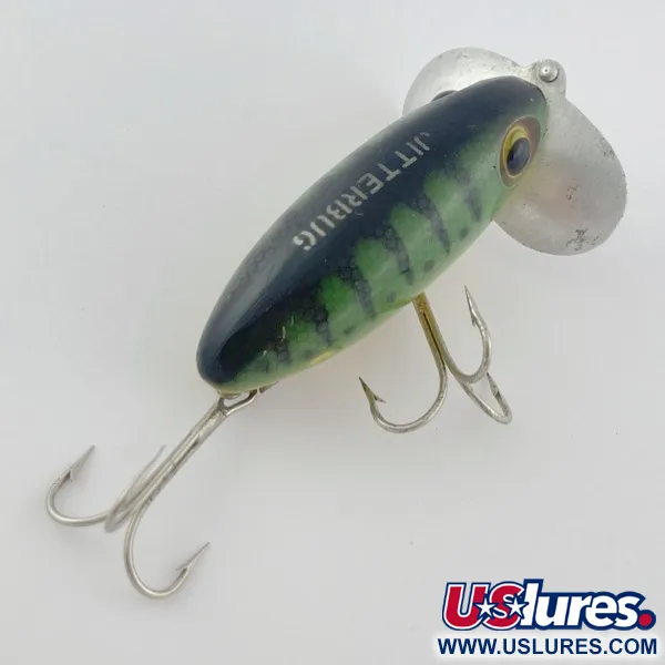 Fred Arbogast Jitterbug Early Bug Eye, Green Tiger, 14g, Surface Crawler #23902
