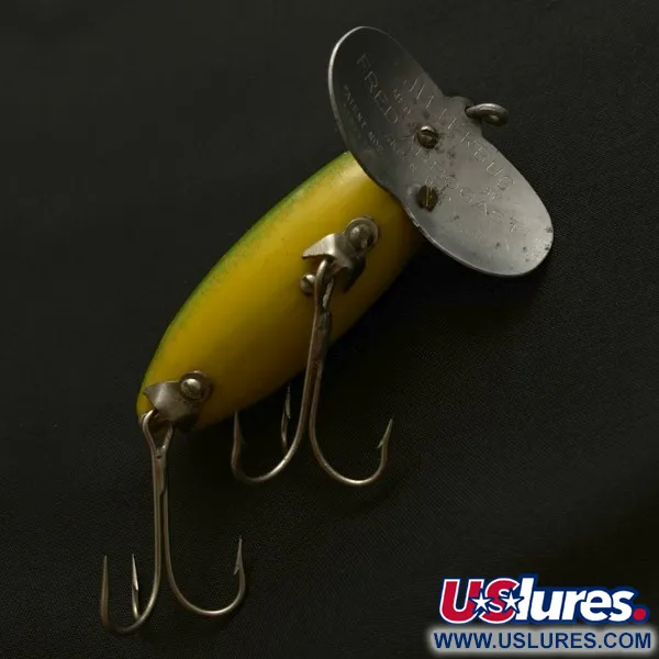 Fred Arbogast Jitterbug Early Bug Eye, Green Tiger, 14g, Surface Crawler #23902