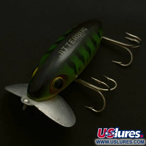 Fred Arbogast Jitterbug Early Bug Eye, Green Tiger, 14g, Surface Crawler #23902