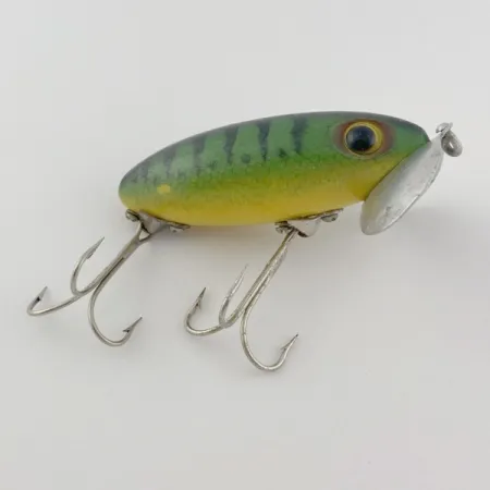 Fred Arbogast Jitterbug Early Bug Eye, Green Tiger, 14g, Surface Crawler #23902