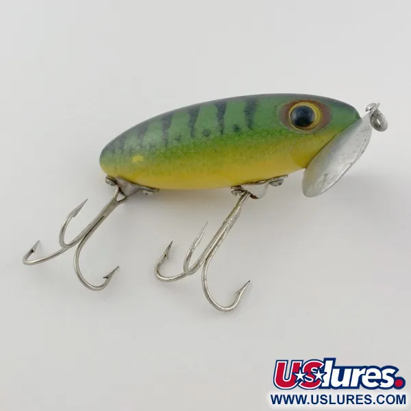 Fred Arbogast Jitterbug Early Bug Eye, Green Tiger, 14g, Surface Crawler #23902