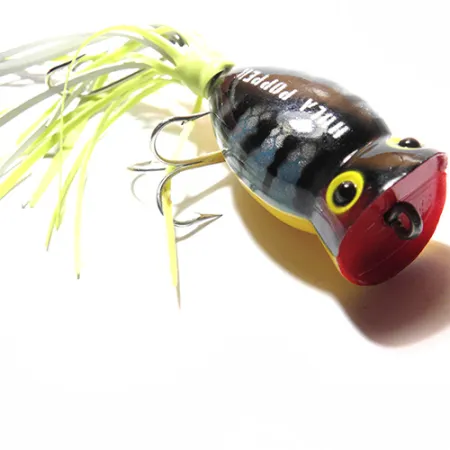 Fred Arbogast Hula Popper Oppervlakkunstaas, Groen/Geel/Rood, 7.5g, #0074
