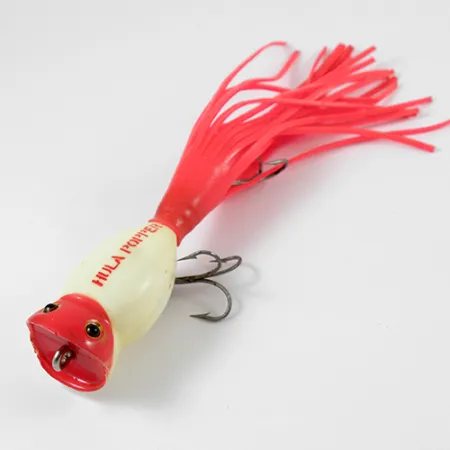 Fred Arbogast Hula Popper Oppervlakte-aas, Rood/Wit, 8g, Skirt, #2577