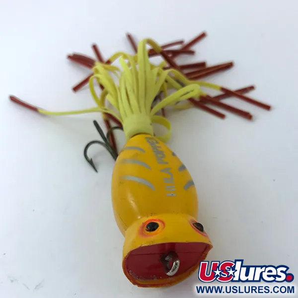 Fred Arbogast Hula Popper Oppervlakkunstaas, Yellow, 8g, Retro, #3798