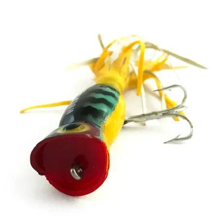 Fred Arbogast Hula Popper, Fire Tiger, 3g, Rubberen skirt, #5867