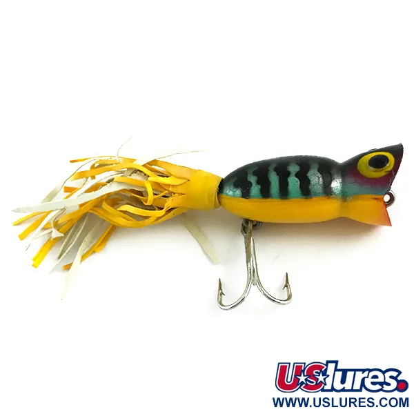 Fred Arbogast Hula Popper, Fire Tiger, 3g, Rubberen skirt, #5867