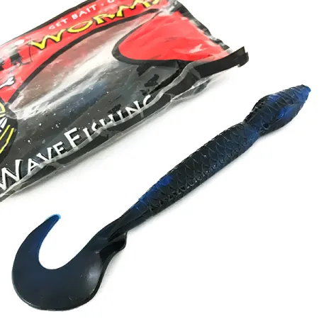 Wave Worms softbaits, Zwart / Blauwe Glitter, 13 cm, krulstaart, #6959